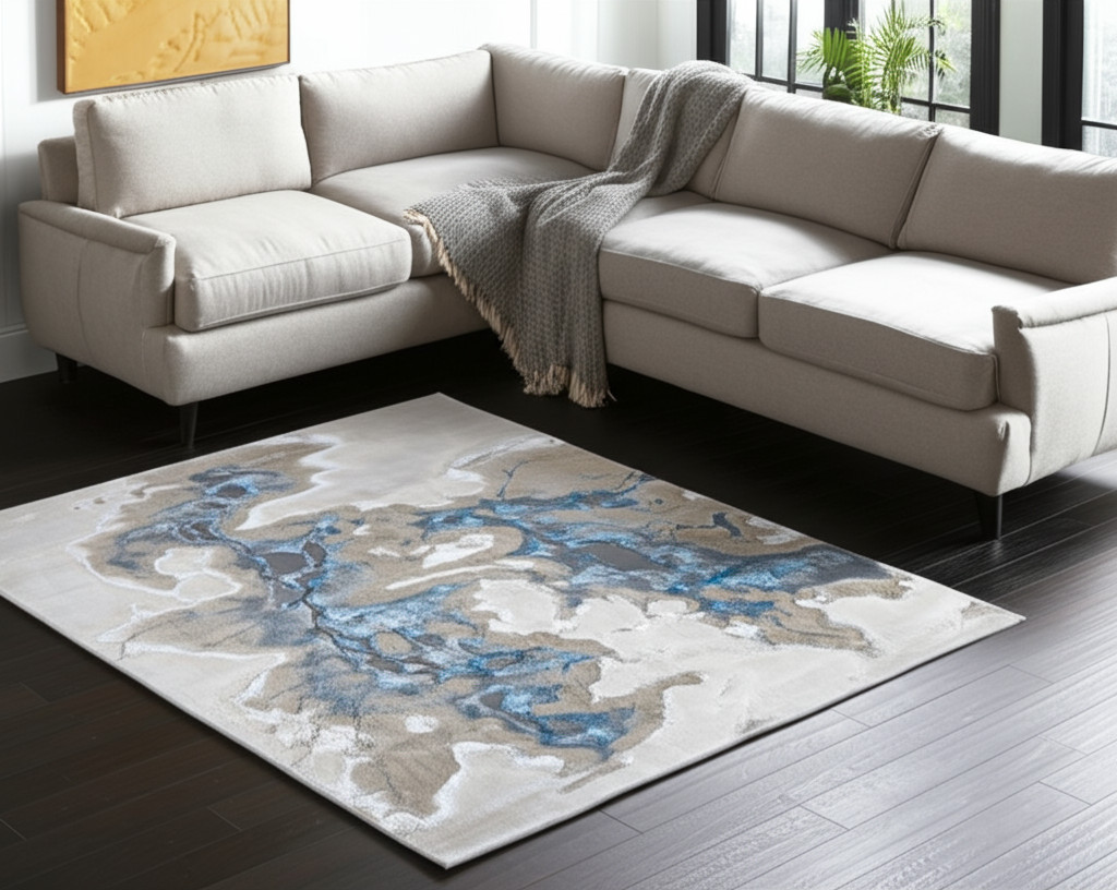 8' X 10' Taupe And Blue Abstract Area Rug-616887-1