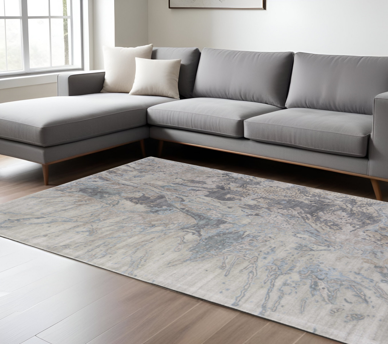 10' X 14' Gray Tan And Blue Abstract Hand Tufted Distressed Area Rug-616940-1