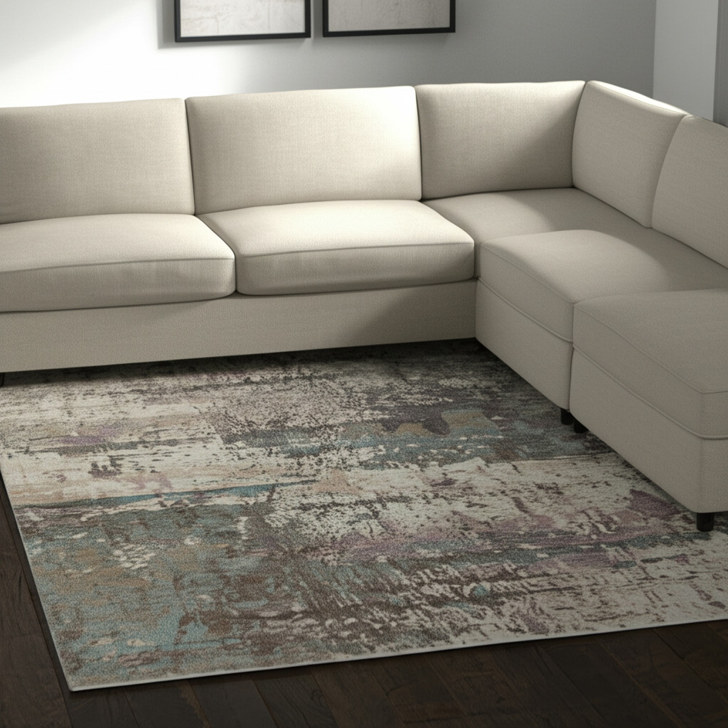 10' X 13' Ivory Blue And Purple Abstract Distressed Area Rug-616949-1
