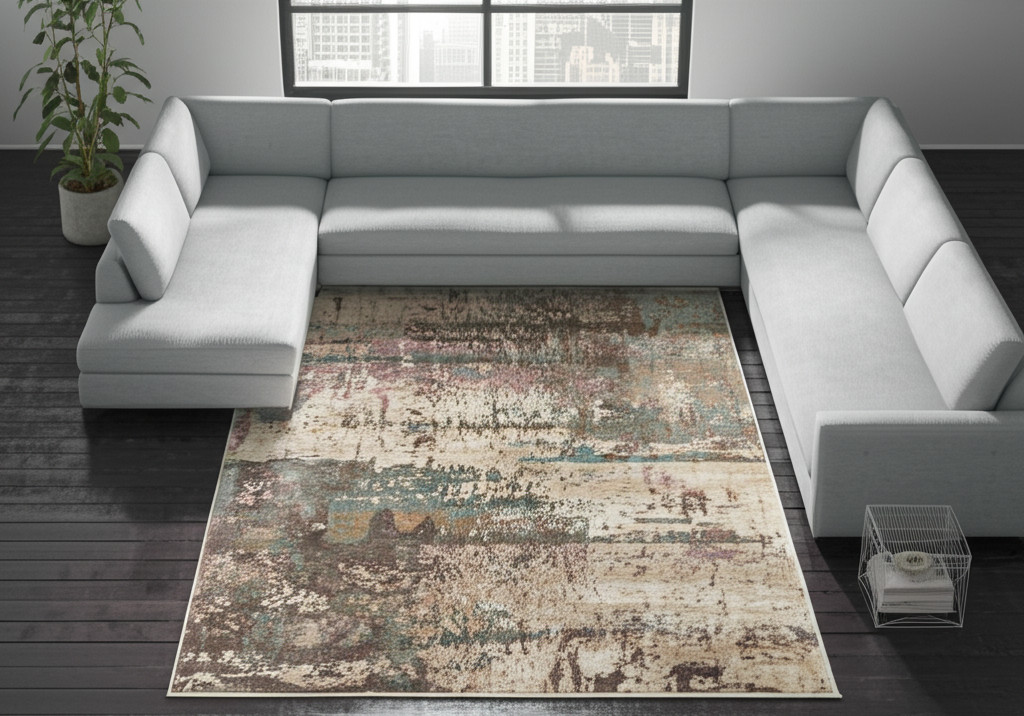 12' X 15' Ivory Blue And Purple Abstract Distressed Area Rug-616977-1