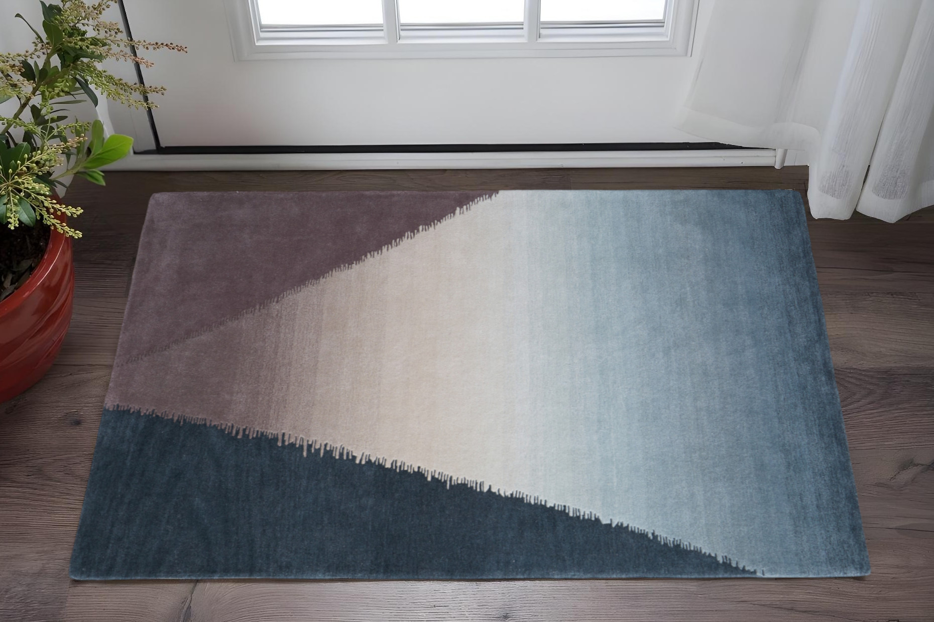 2' X 3' Taupe Blue And Tan Geometric Hand Tufted Area Rug-617009-1