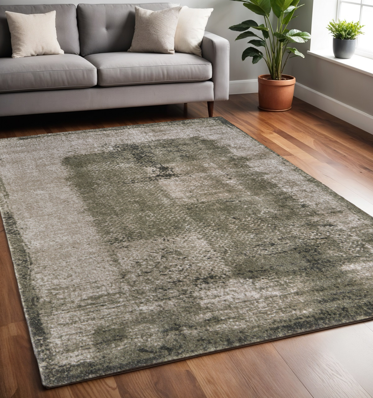 5' X 8' Green And Tan Abstract Distressed Area Rug-617086-1