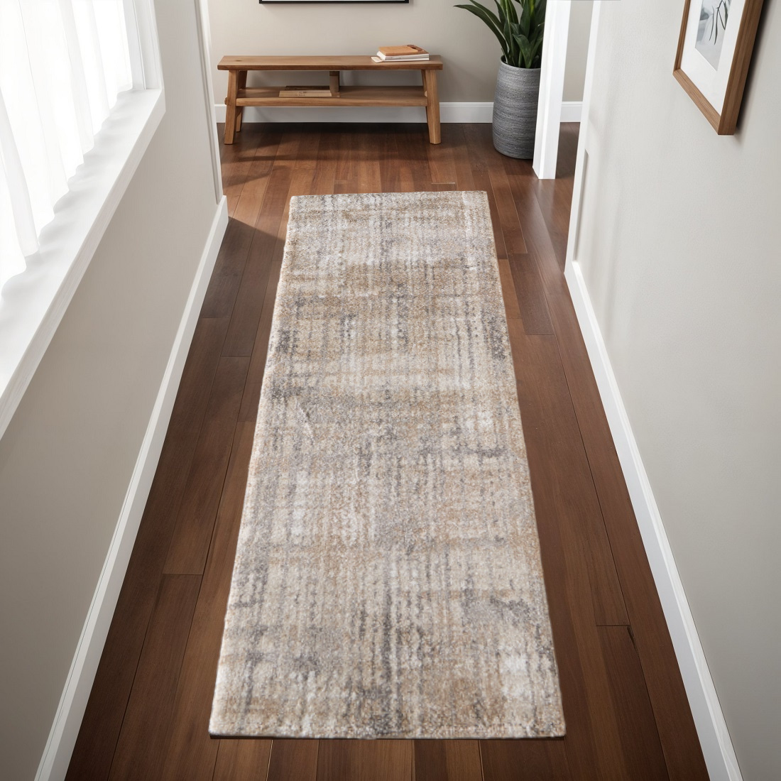 8' Brown Tan And Ivory Abstract Distressed Runner Rug-617106-1