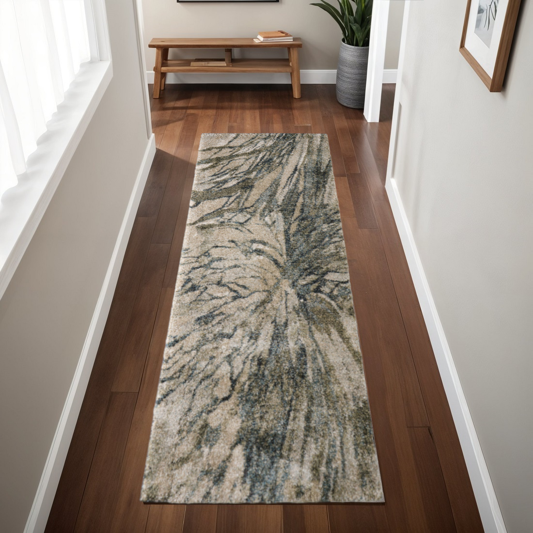 8' Gray Green And Ivory Abstract Runner Rug-617117-1