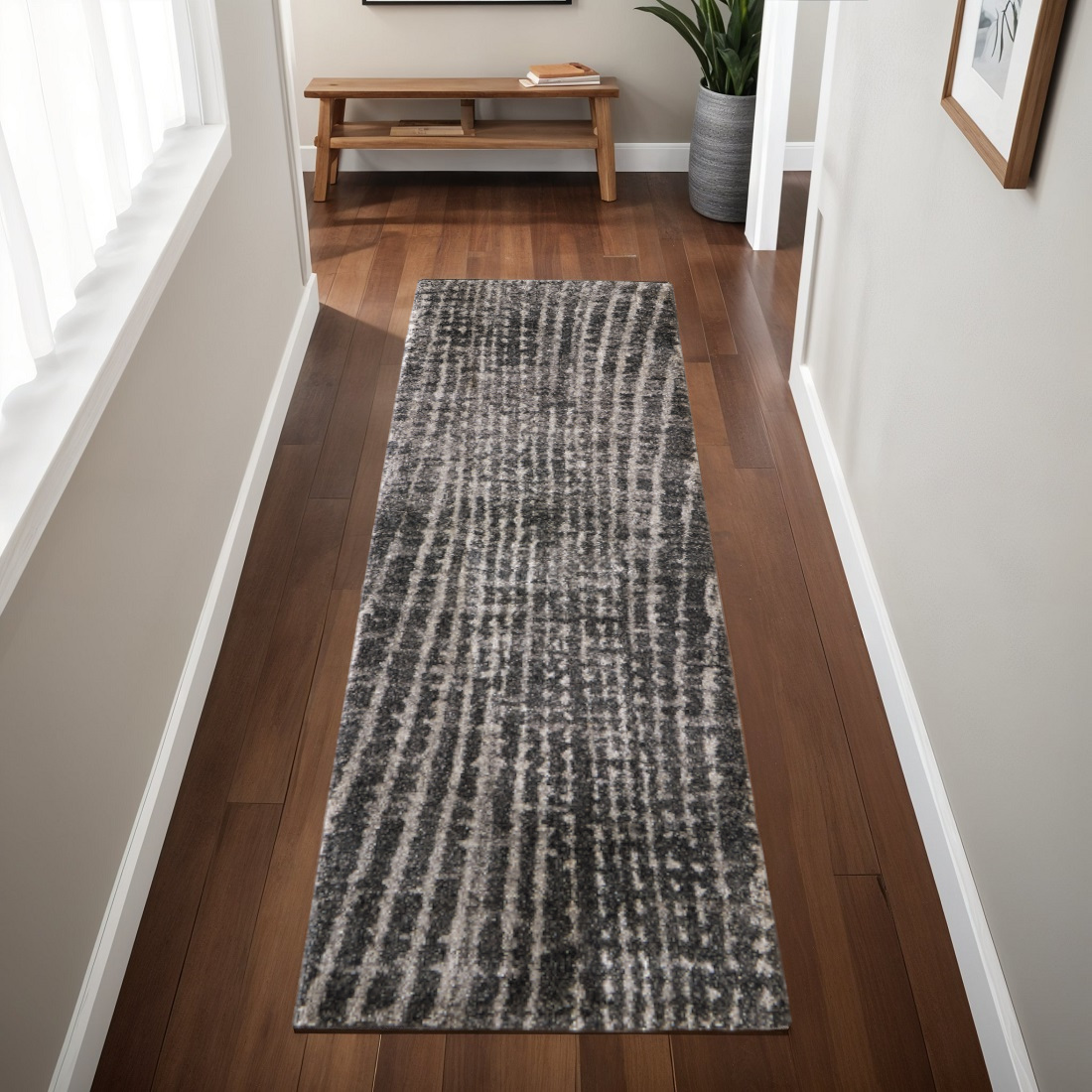 8' Black Gray And Ivory Abstract Runner Rug-617147-1