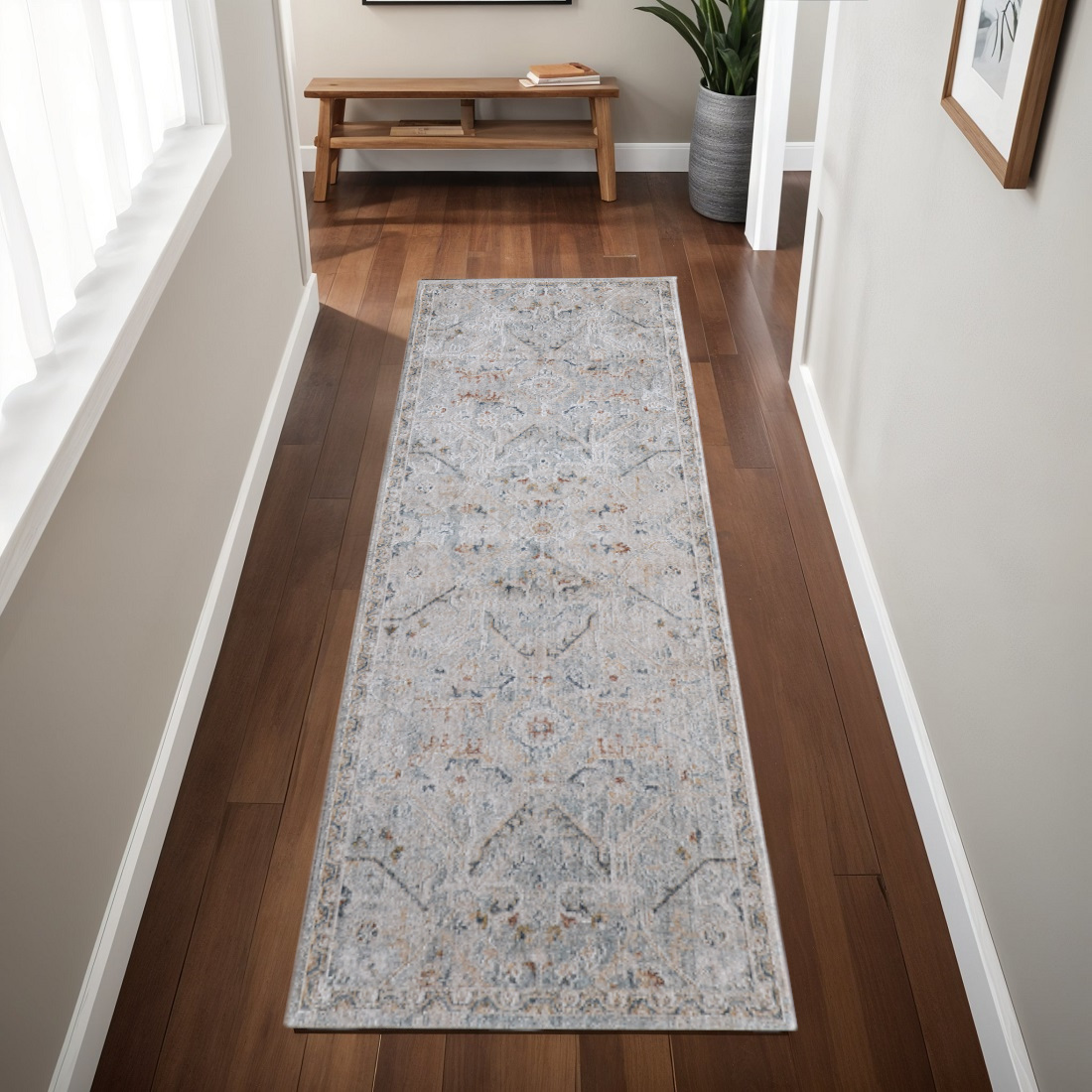 8' Ivory Blue And Tan Abstract Distressed Runner Rug With Fringe-617148-1
