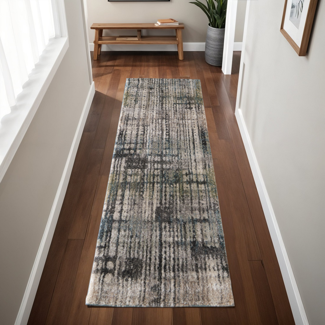 8' Gray Black And Ivory Abstract Distressed Runner Rug-617149-1