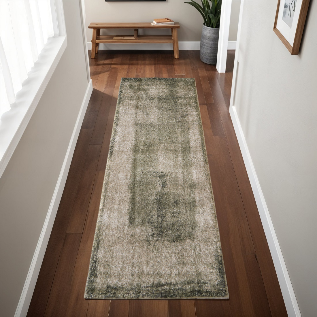 8' Green And Tan Abstract Distressed Runner Rug-617150-1