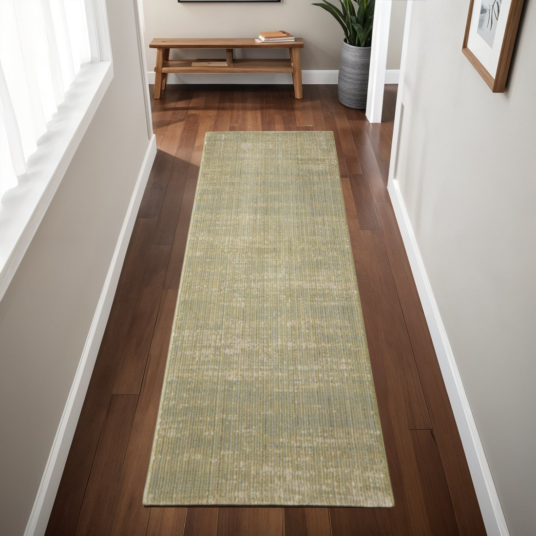 8' Green And Tan Runner Rug-617151-1