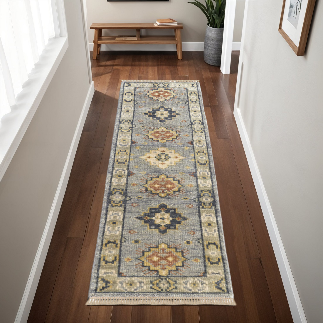 8' Blue Taupe And Gray Geometric Hand Knotted Runner Rug With Fringe-617260-1