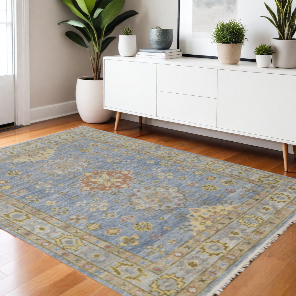 4' X 6' Blue Green And Yellow Geometric Hand Knotted Area Rug With Fringe-617262-1