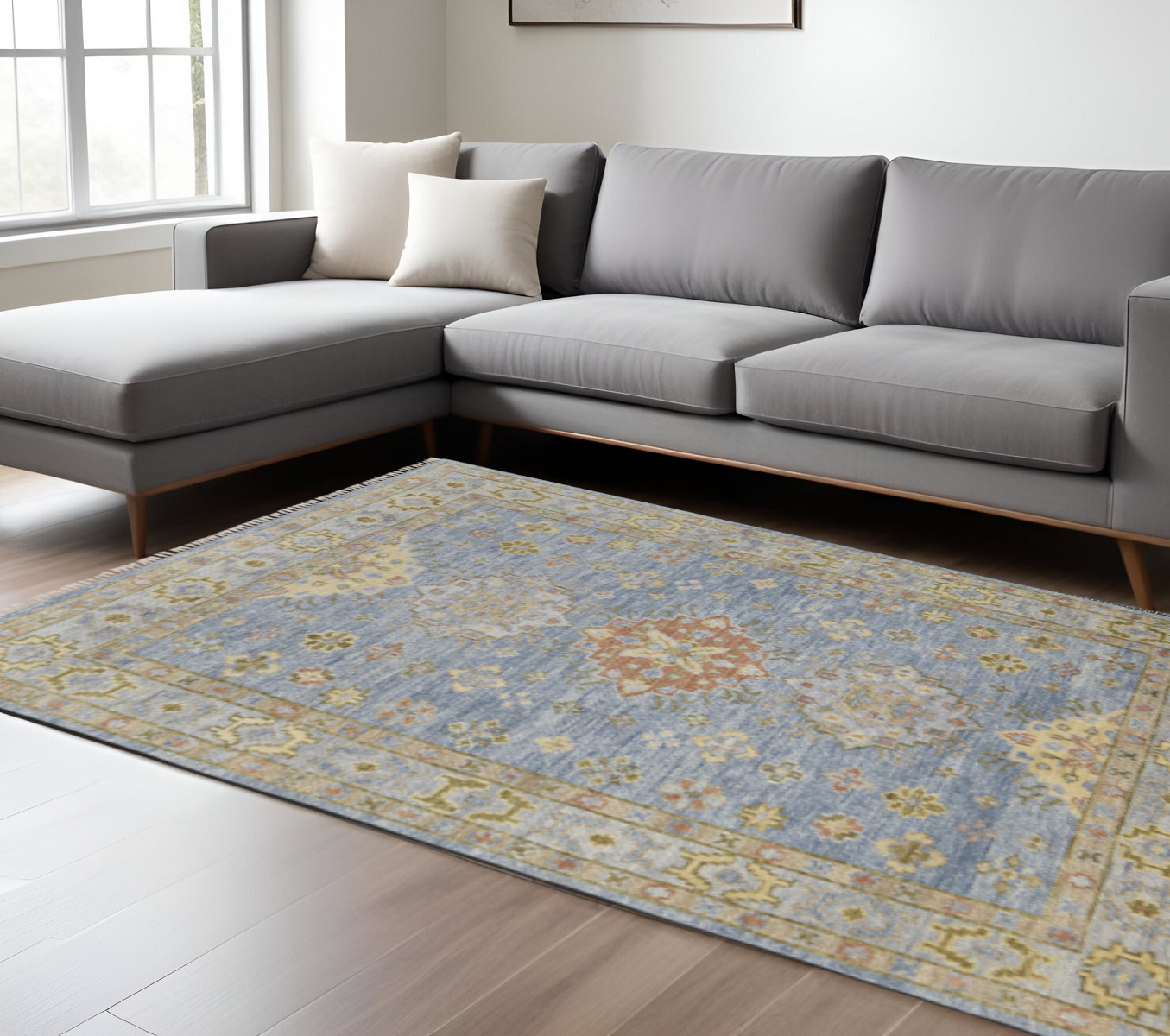 9' X 12' Blue Green And Yellow Geometric Hand Knotted Area Rug With Fringe-617282-1