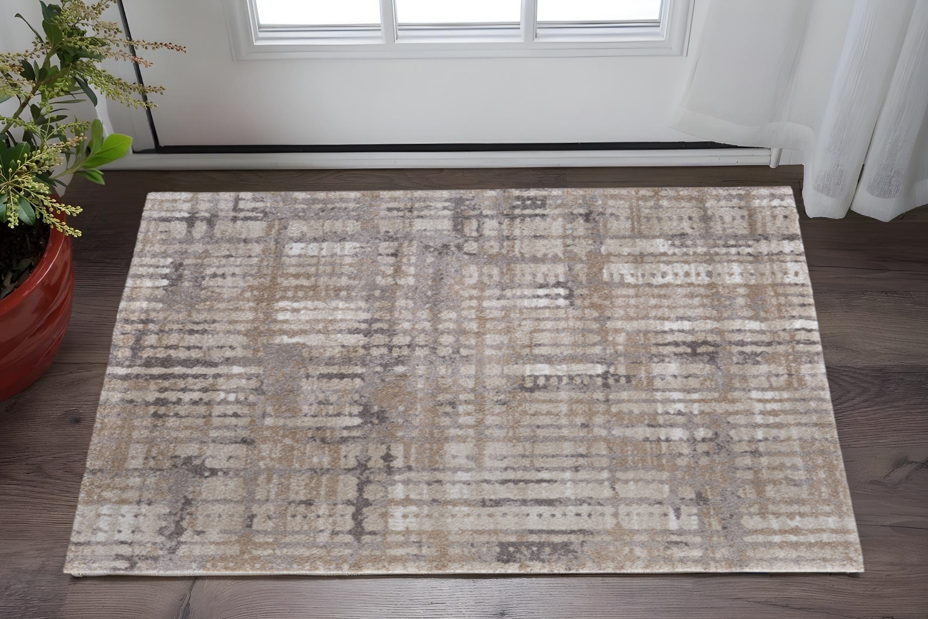 2' X 3' Brown Tan And Ivory Abstract Distressed Area Rug-617301-1