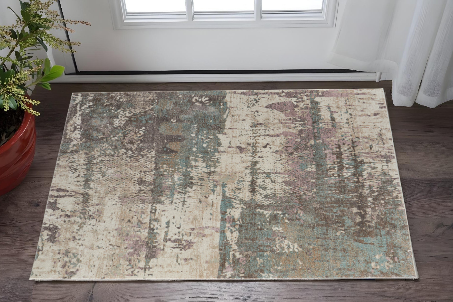 2' X 3' Ivory Blue And Purple Abstract Distressed Area Rug-617311-1
