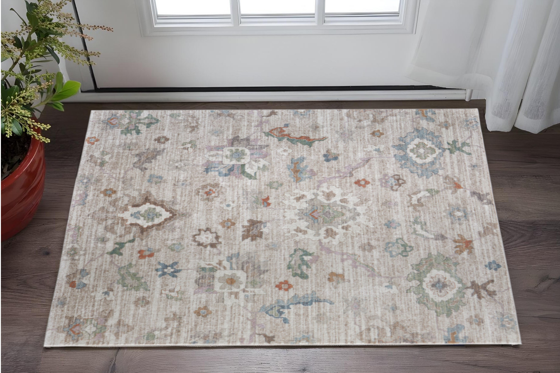 2' X 3' Tan Brown And Blue Abstract Distressed Area Rug-617319-1