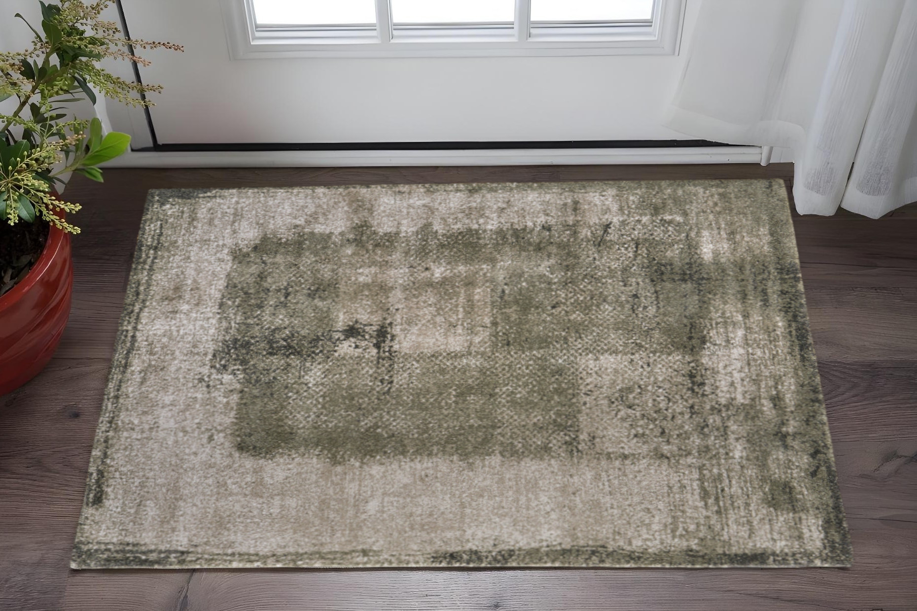 2' X 3' Green And Tan Abstract Distressed Area Rug-617320-1