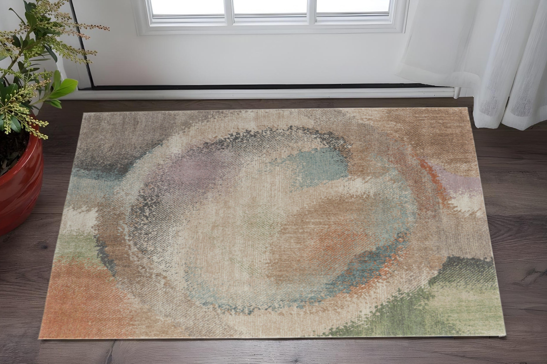 2' X 3' Brown Tan And Blue Abstract Distressed Area Rug-617321-1