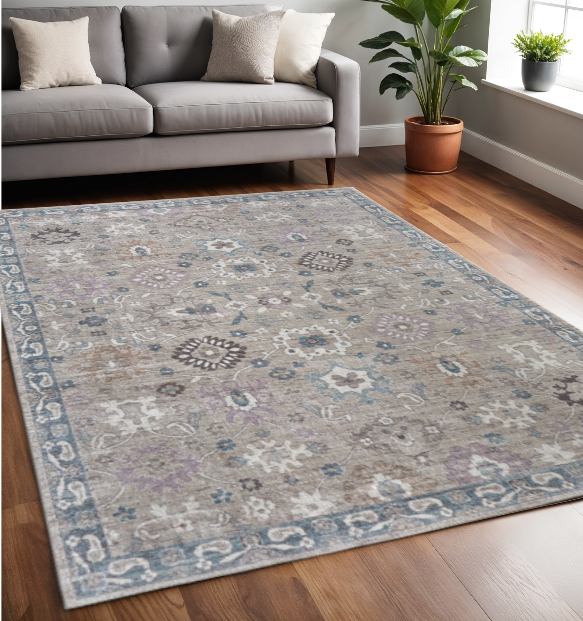 5' X 8' Gray Blue And Taupe Floral Distressed Area Rug-617323-1