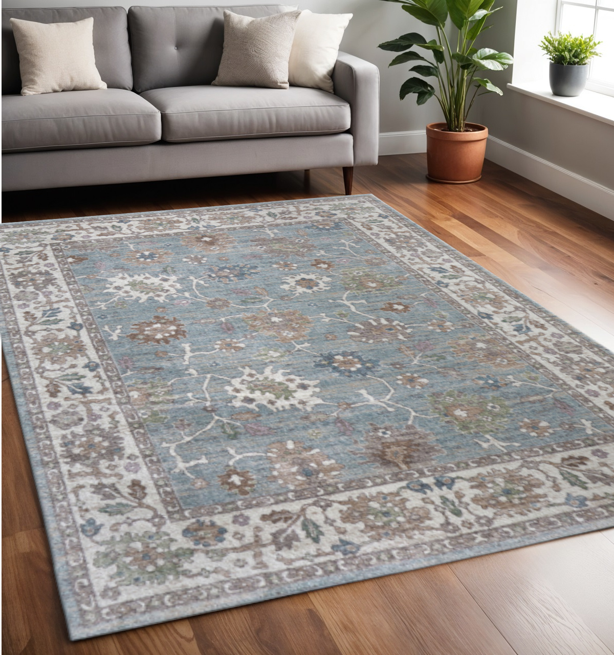 5' X 8' Blue Ivory And Brown Floral Distressed Area Rug-617324-1