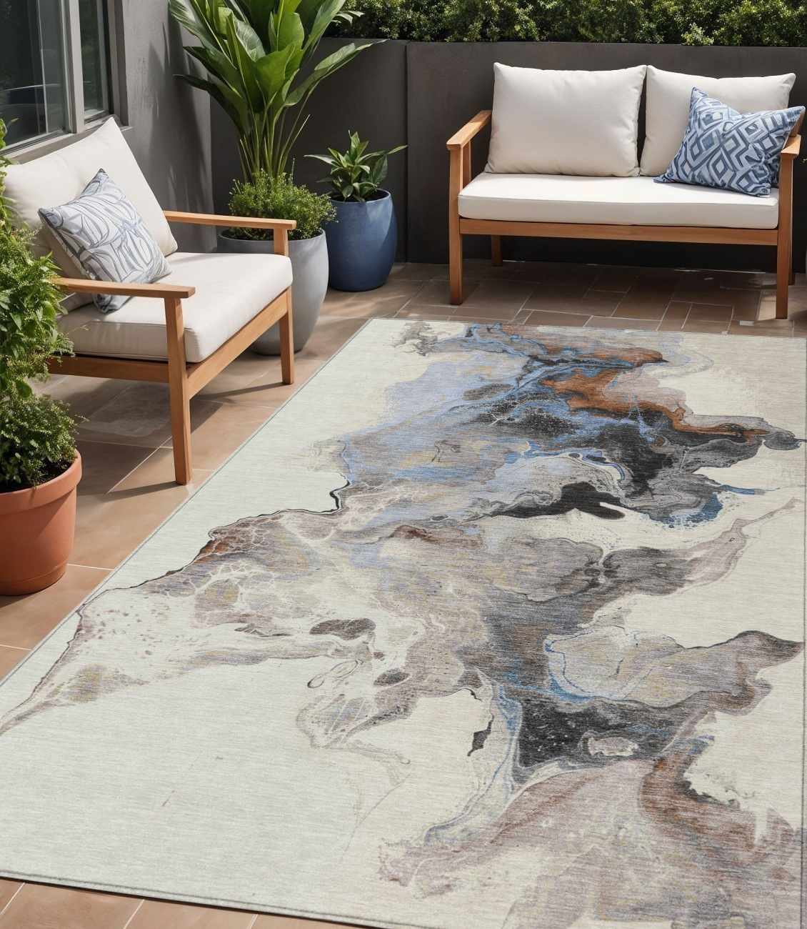 5' X 8' Beige Gray And Copper Abstract Washable Indoor Outdoor Area Rug-617813-1