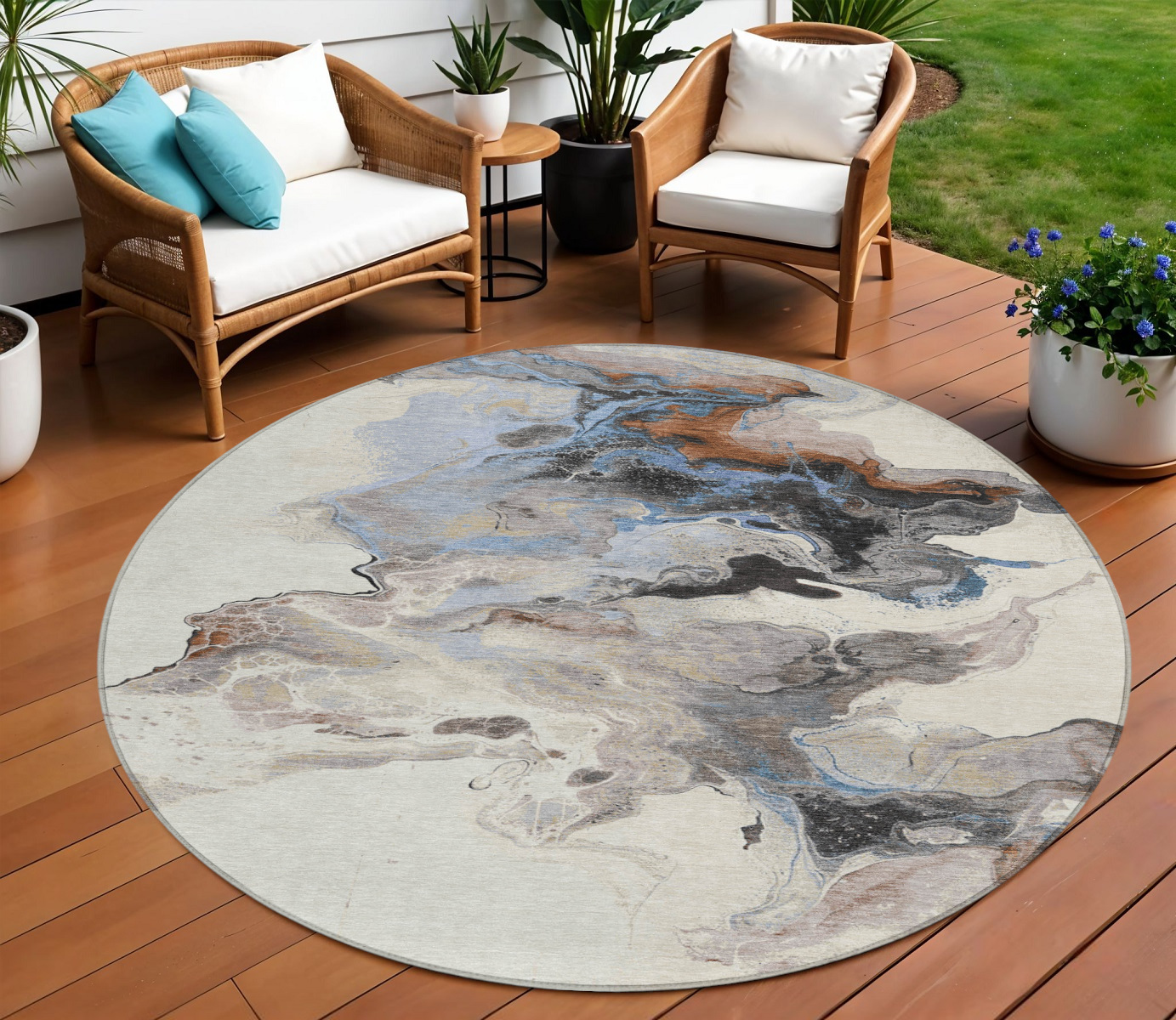 8' Beige Gray And Copper Round Abstract Washable Indoor Outdoor Area Rug-617814-1