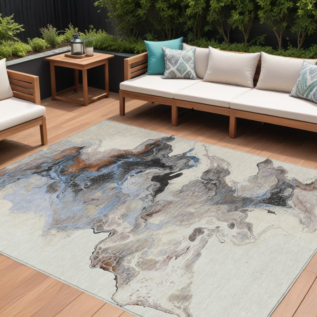 8' X 10' Beige Gray And Copper Abstract Washable Indoor Outdoor Area Rug-617815-1