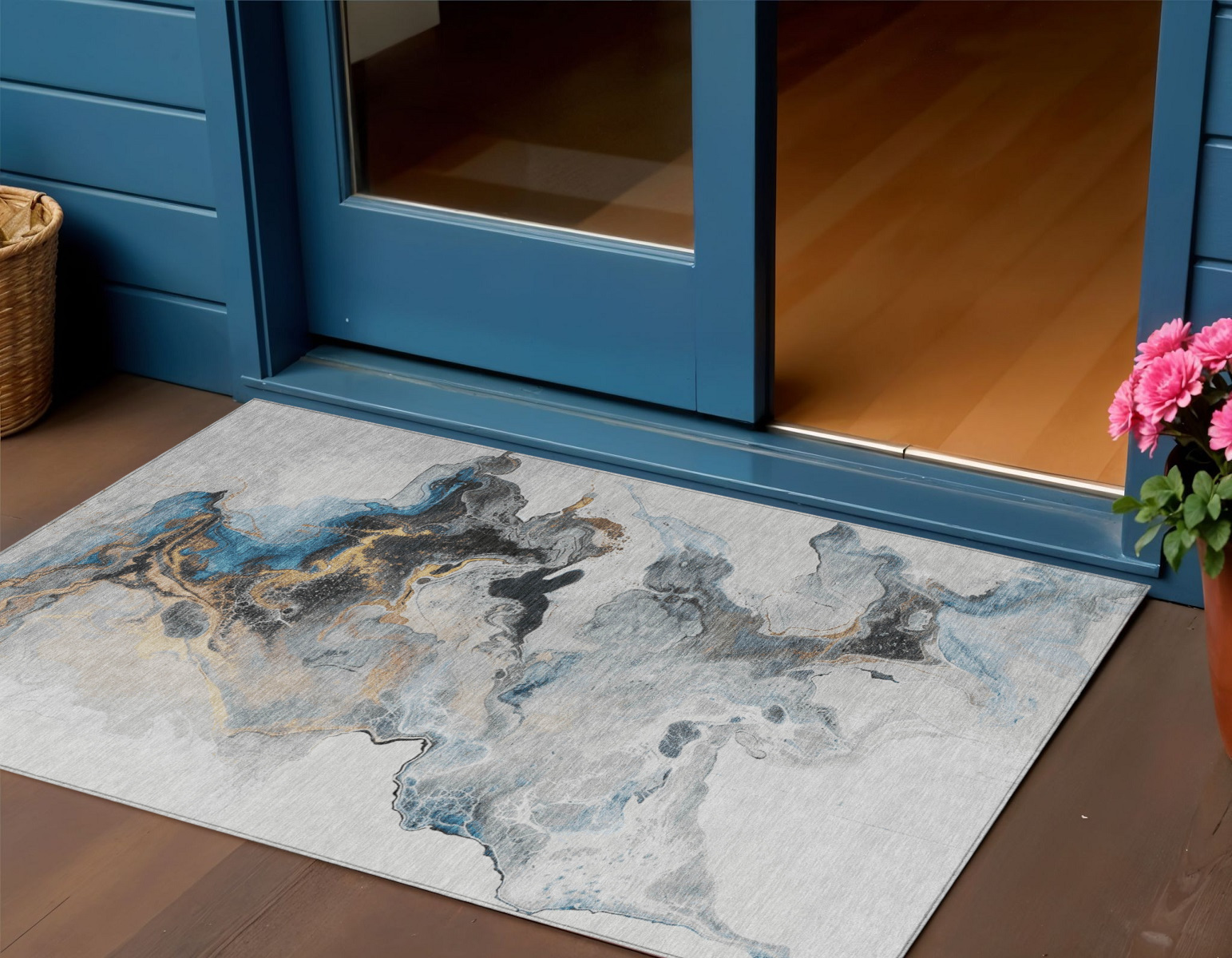 3' X 5' Gray Silver And Blue Abstract Washable Indoor Outdoor Area Rug-617818-1