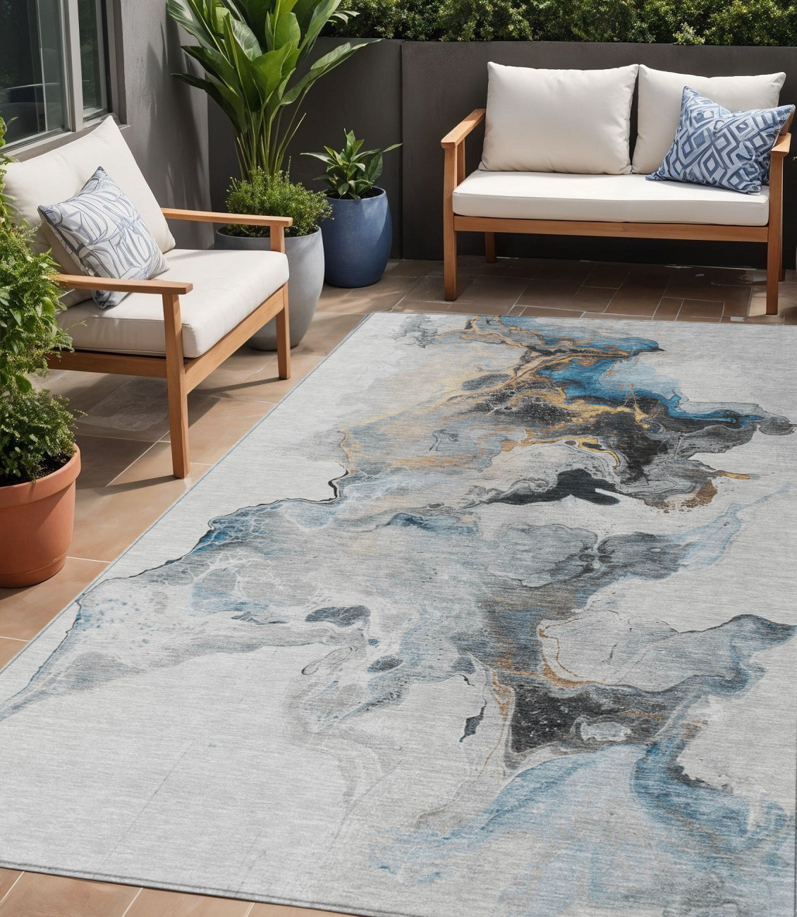 5' X 8' Gray Silver And Blue Abstract Washable Indoor Outdoor Area Rug-617819-1