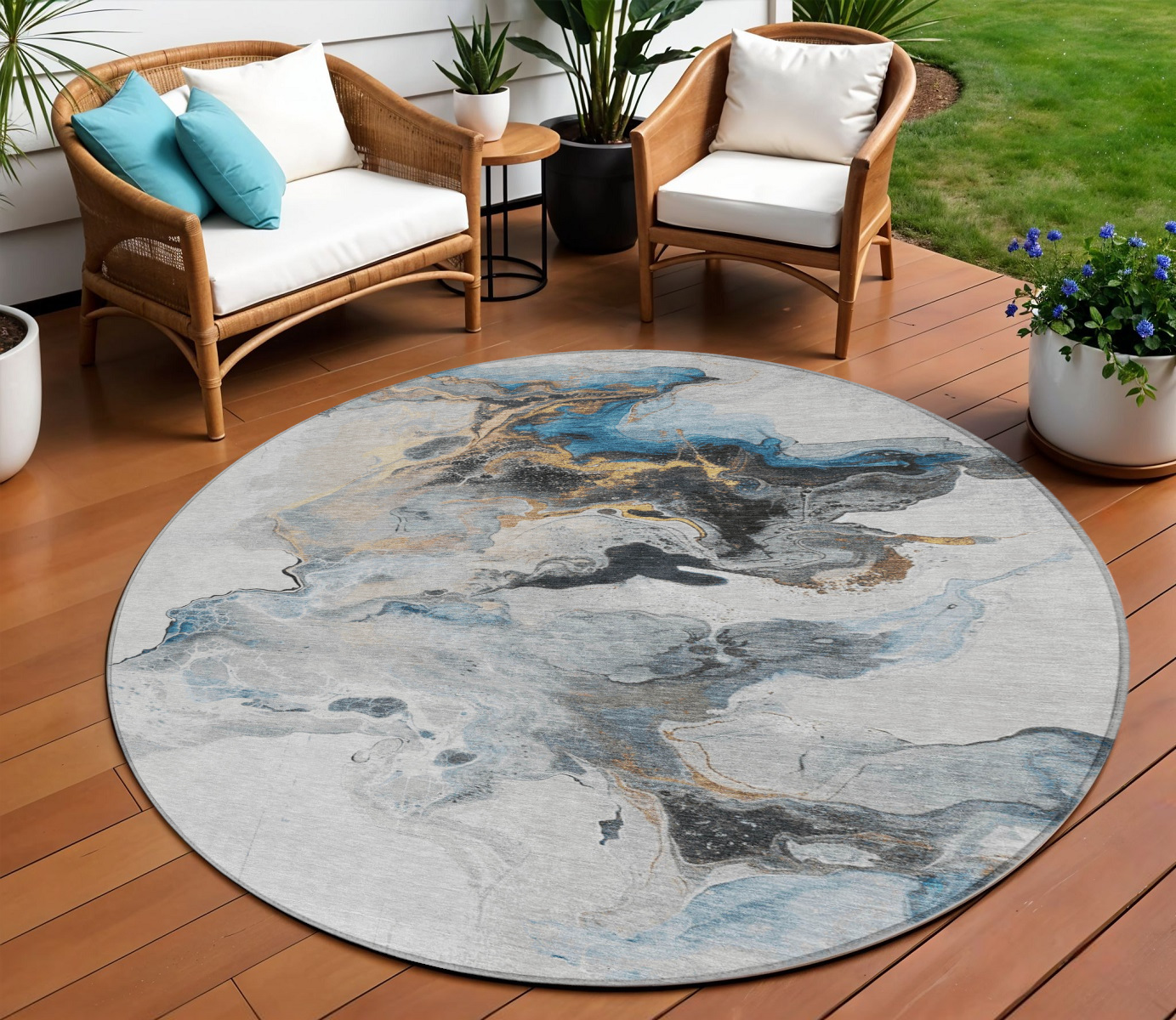 8' Gray Silver And Blue Round Abstract Washable Indoor Outdoor Area Rug-617820-1