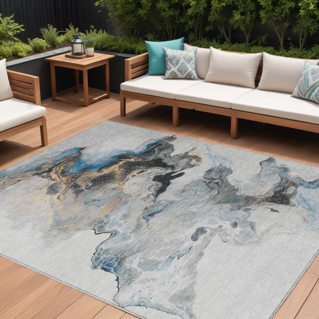 9' X 12' Gray Silver And Blue Abstract Washable Indoor Outdoor Area Rug-617822-1