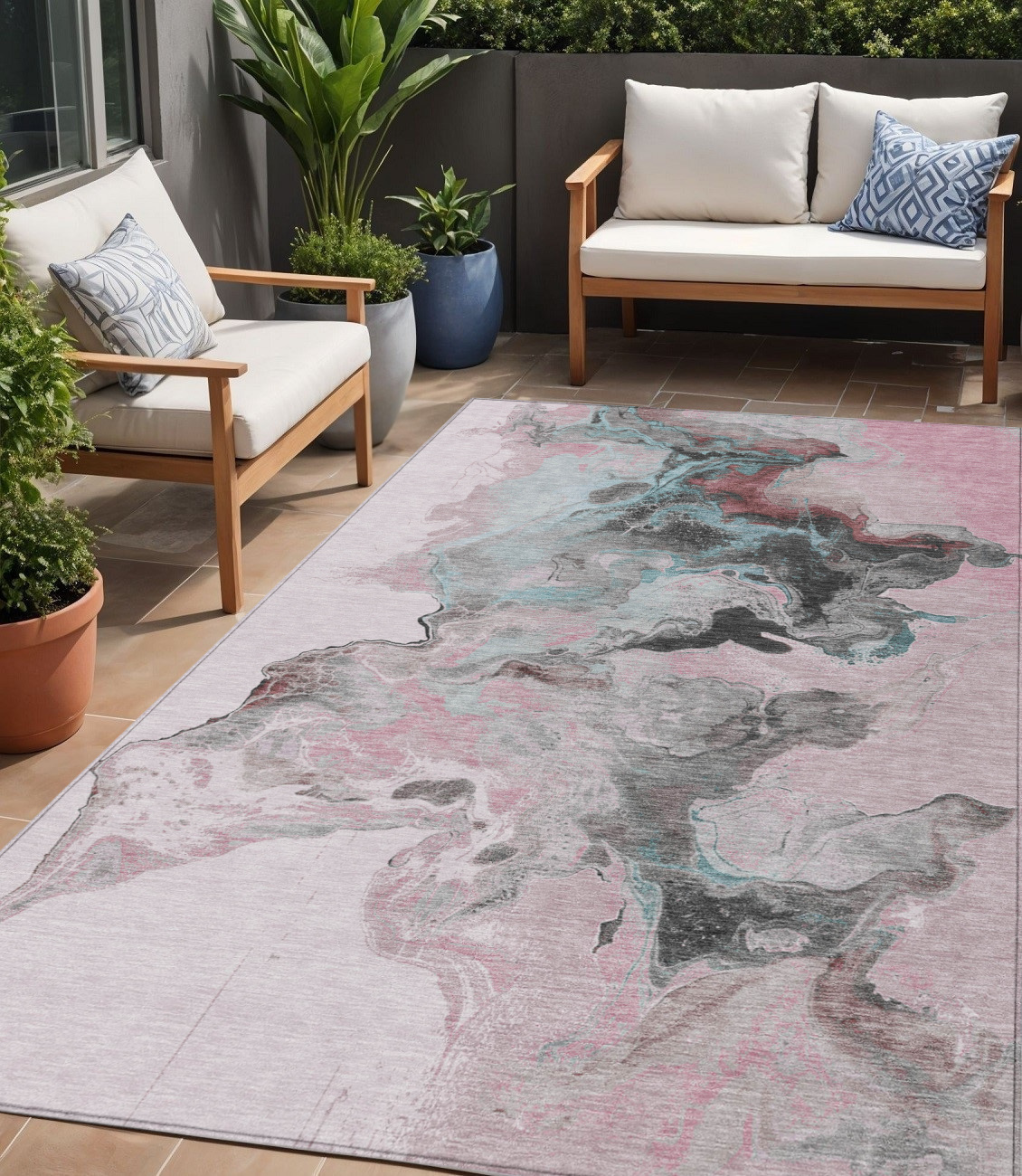 5' X 8' Pink Gray And Silver Abstract Washable Indoor Outdoor Area Rug-617825-1