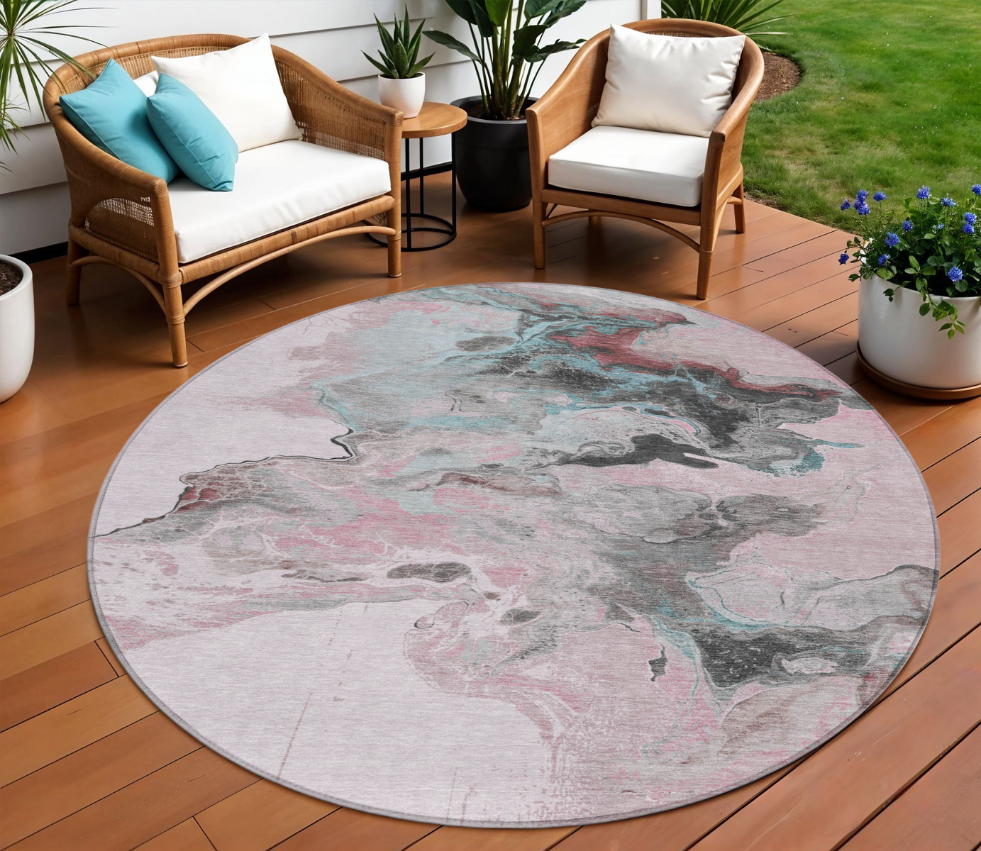 8' Pink Gray And Silver Round Abstract Washable Indoor Outdoor Area Rug-617826-1