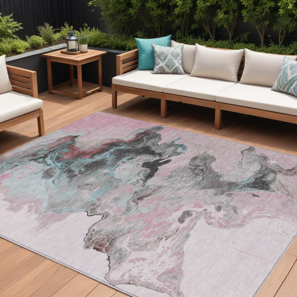 10' X 14' Pink Gray And Silver Abstract Washable Indoor Outdoor Area Rug-617829-1