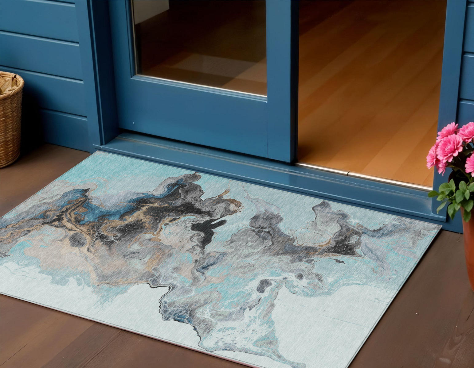 3' X 5' Teal Blue Gold And Gray Abstract Washable Indoor Outdoor Area Rug-617830-1