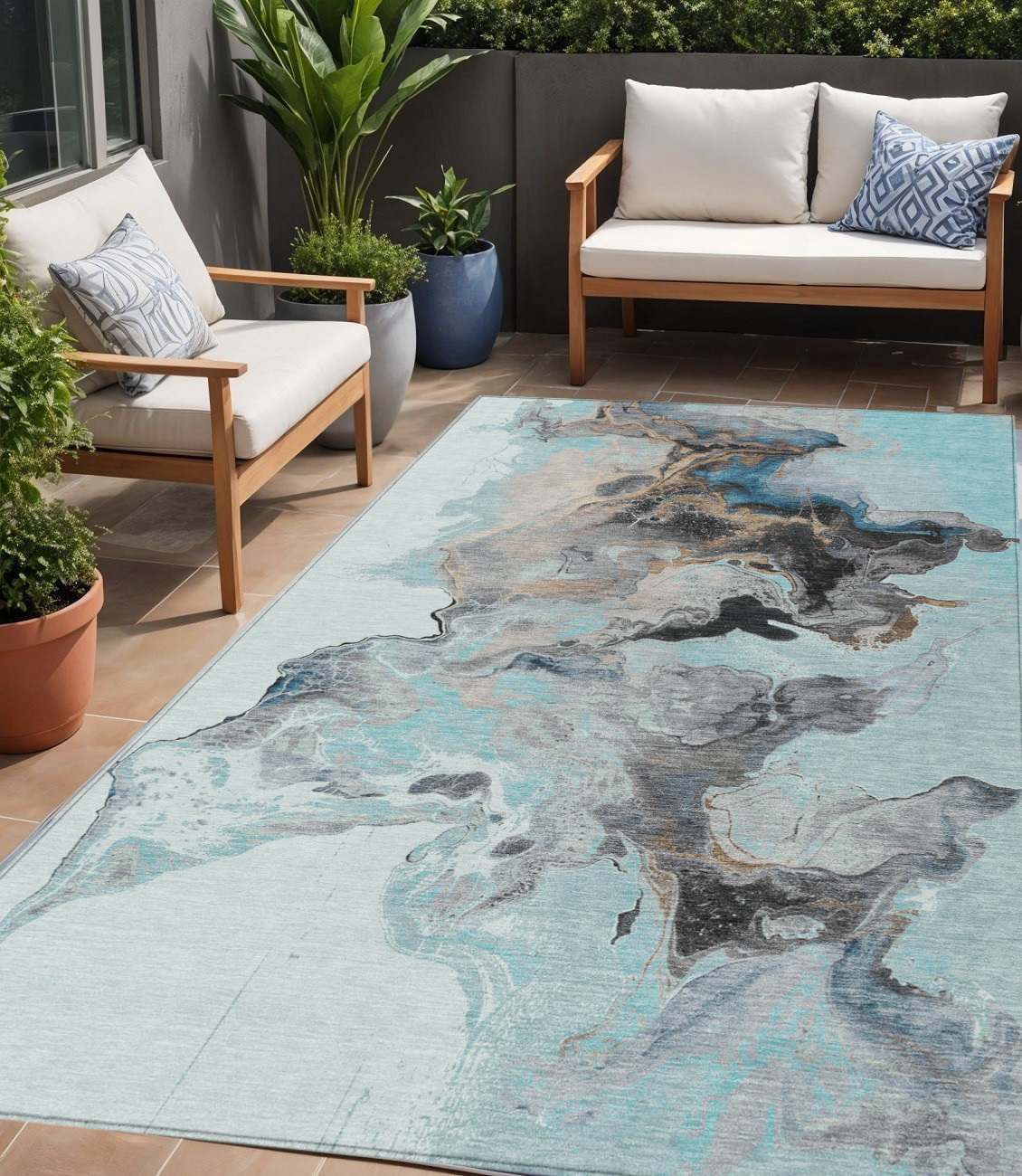 5' X 8' Teal Blue Gold And Gray Abstract Washable Indoor Outdoor Area Rug-617831-1
