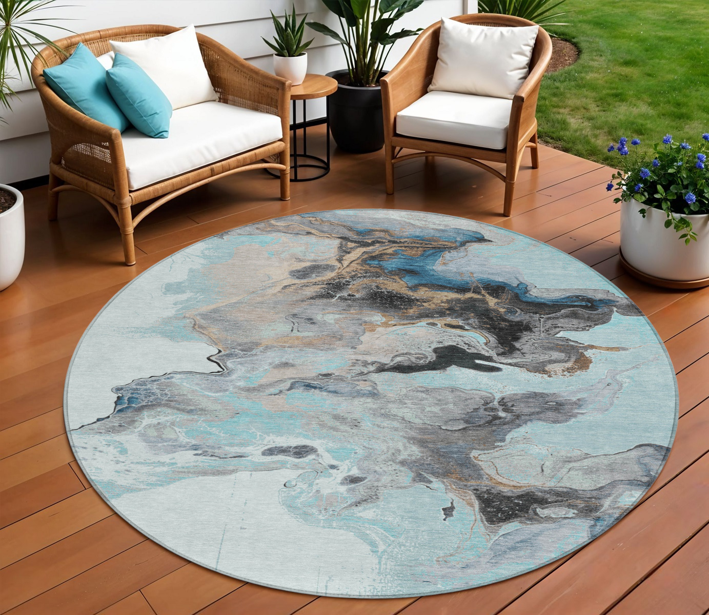 8' Teal Blue Gold And Gray Round Abstract Washable Indoor Outdoor Area Rug-617832-1
