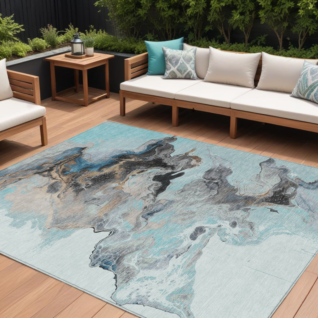 8' X 10' Teal Blue Gold And Gray Abstract Washable Indoor Outdoor Area Rug-617833-1