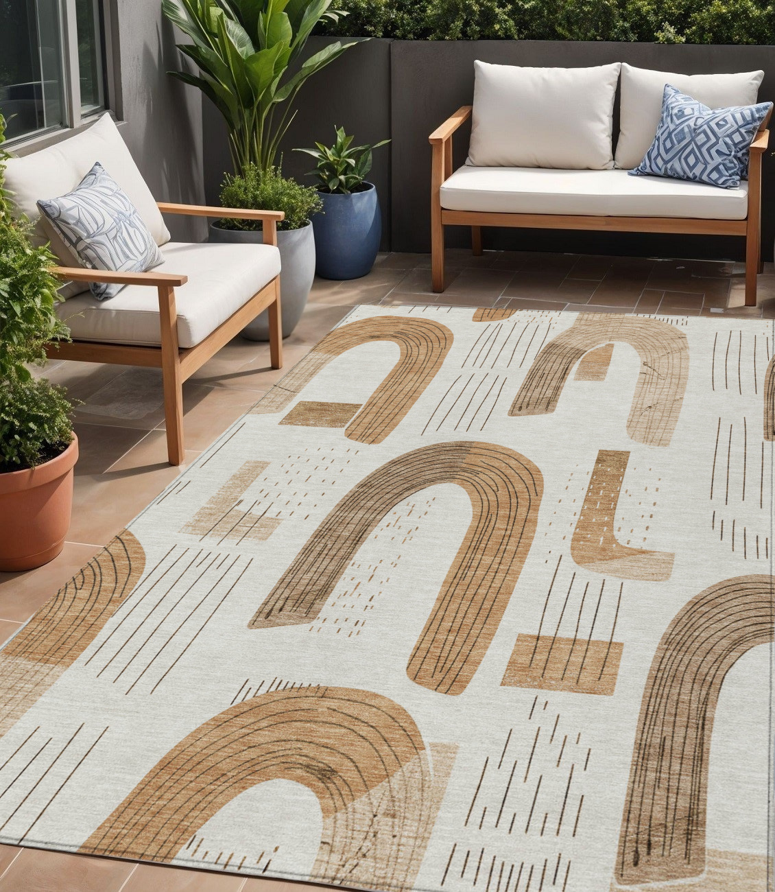 5' X 8' Ivory Khaki And Beige Geometric Washable Indoor Outdoor Area Rug-618101-1