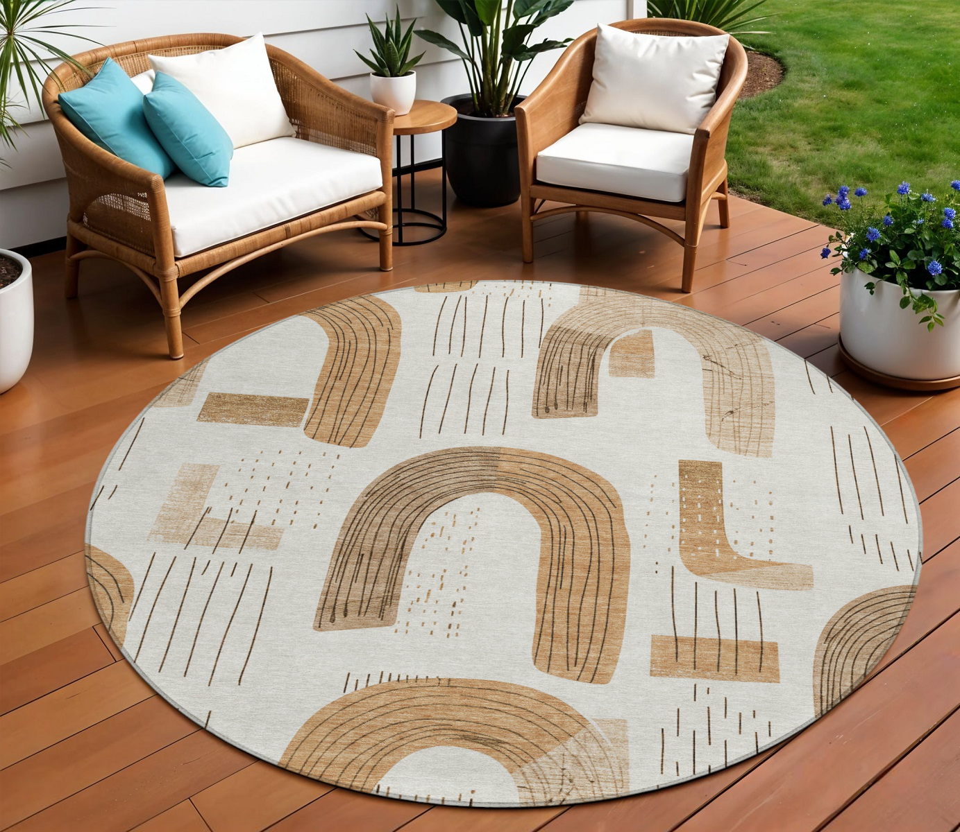 8' Ivory Khaki And Beige Round Geometric Washable Indoor Outdoor Area Rug-618102-1