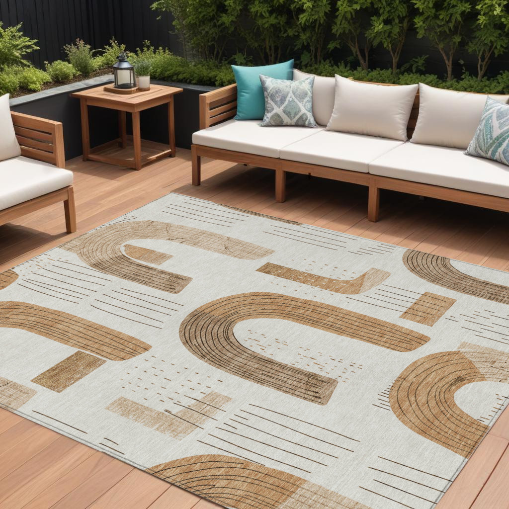 8' X 10' Ivory Khaki And Beige Geometric Washable Indoor Outdoor Area Rug-618103-1