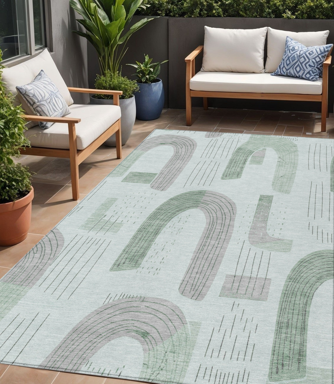 5' X 8' Mint Green And Gray Geometric Washable Indoor Outdoor Area Rug-618107-1
