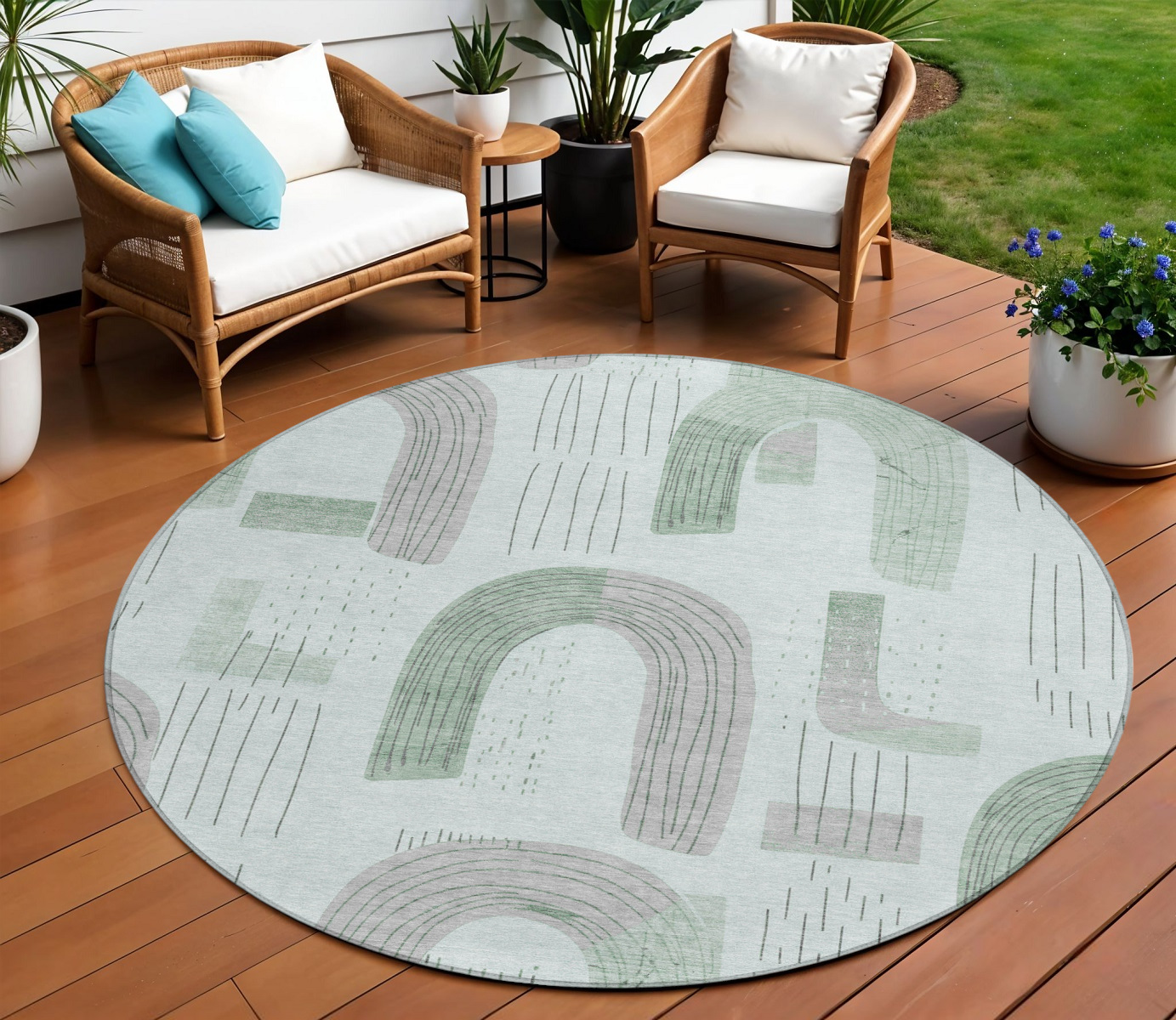 8' Mint Green And Gray Round Geometric Washable Indoor Outdoor Area Rug-618108-1