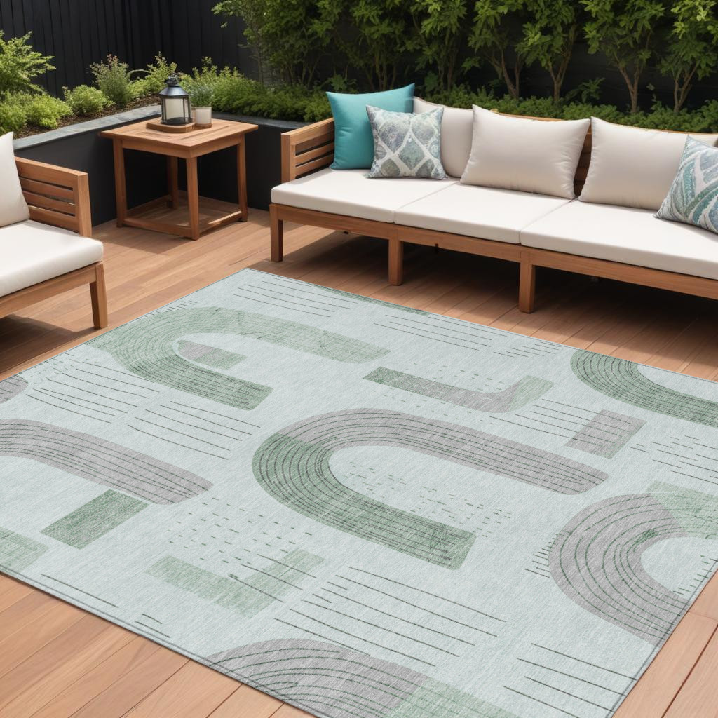 10' X 14' Mint Green And Gray Geometric Washable Indoor Outdoor Area Rug-618111-1