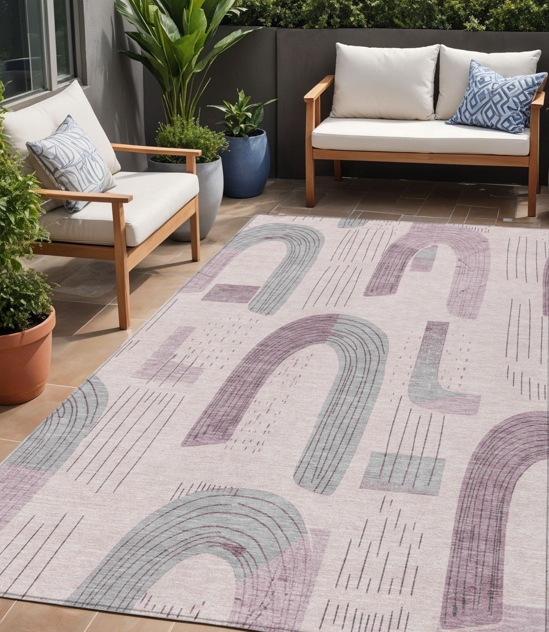 5' X 8' Pink And Gray Geometric Washable Indoor Outdoor Area Rug-618113-1
