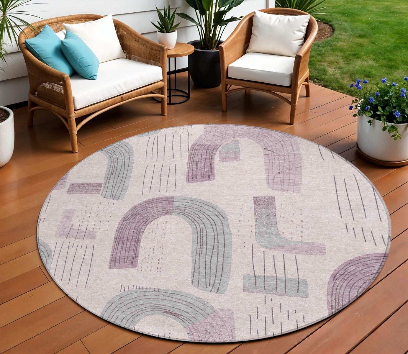 8' Pink And Gray Round Geometric Washable Indoor Outdoor Area Rug-618114-1