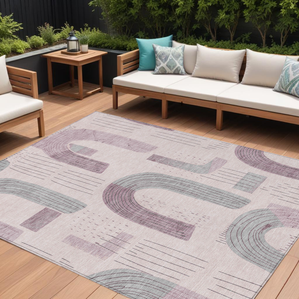 9' X 12' Pink And Gray Geometric Washable Indoor Outdoor Area Rug-618116-1