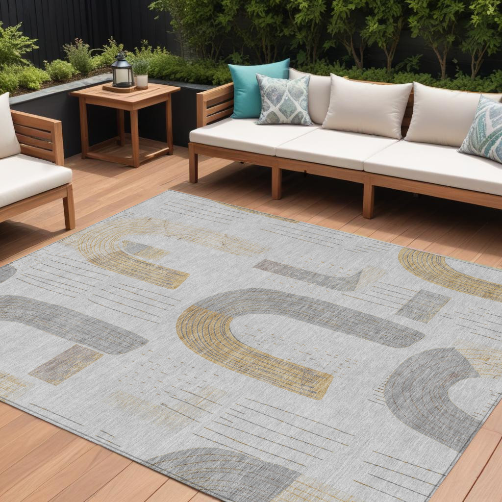 10' X 14' Silver And Gold Geometric Washable Indoor Outdoor Area Rug-618123-1