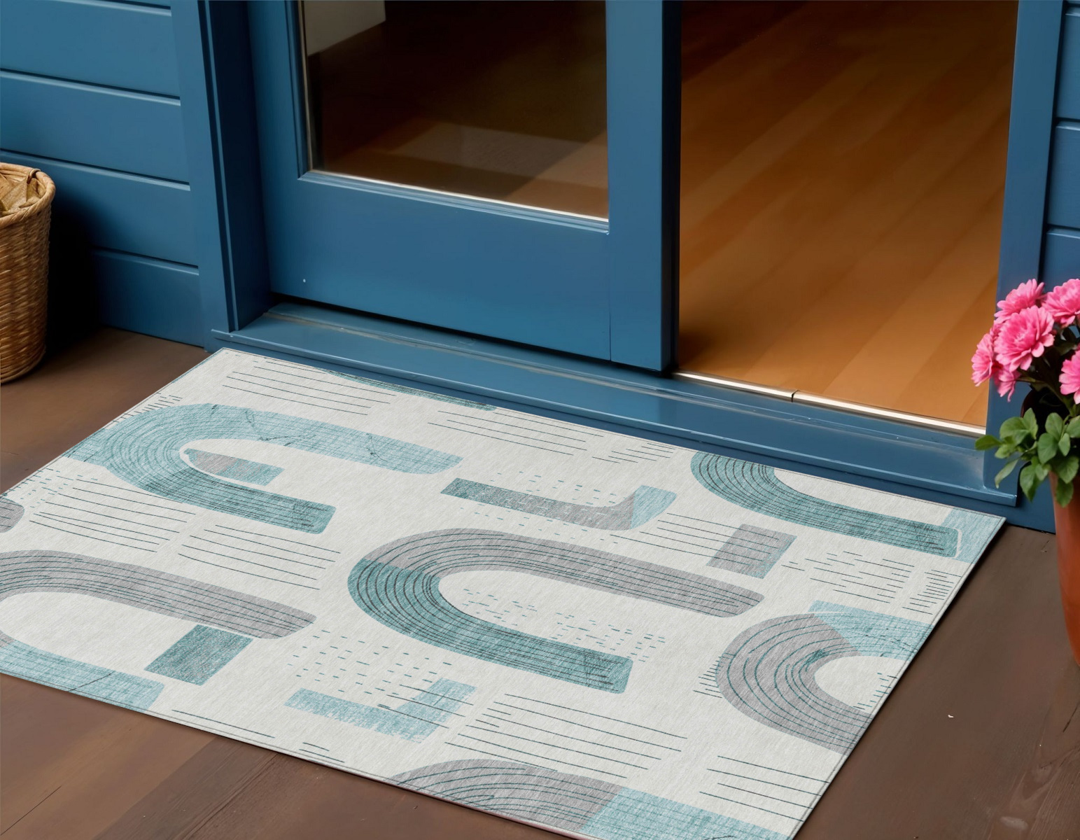3' X 5' Teal Blue And Gray Geometric Washable Indoor Outdoor Area Rug-618124-1