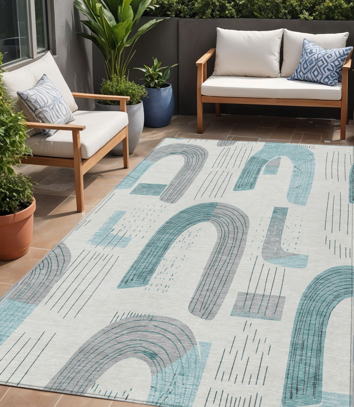 5' X 8' Teal Blue And Gray Geometric Washable Indoor Outdoor Area Rug-618125-1