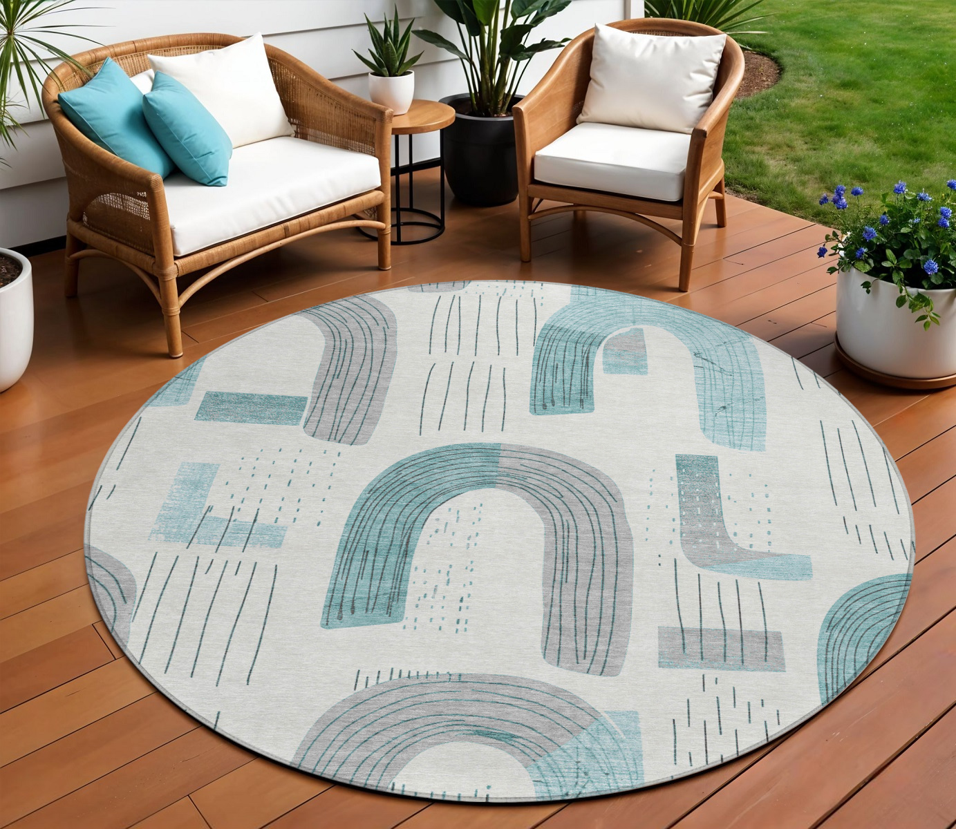 8' Teal Blue And Gray Round Geometric Washable Indoor Outdoor Area Rug-618126-1